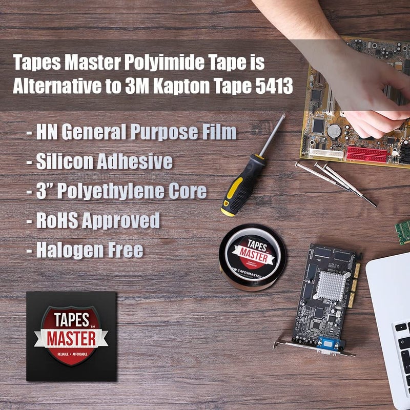 Tapes Master شريط كابتون 1/8" × 36 ياردة - 1 مل - شريط بوليميد عالي الحرارة مع لاصق سيليكون - نواة 3" - لسطح طابعة ثلاثية الأبعاد، اللحام، العزل والربط - بدون بقايا - Image 3